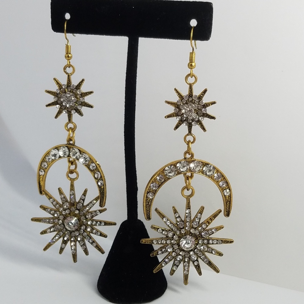 Vintage Gold Starburst half Moon Earrings